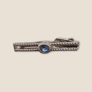 Vintage Estate Swank Silver Tone Tie Clip With Blue Rhinestone Accent